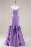 Mermaid Fuchsia Satin Strapless Long Prom Dress with 3D Flowers