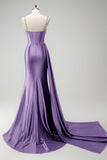 Sparkly Dark Green Mermaid Side Streamer Sequins Corset Satin Prom Dress with Slit