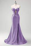 Dark Green Mermaid Strapless Beaded Corset Keyhole Satin Prom Dress with Slit