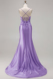 Mermaid Satin Fuchsia Ruched Spaghetti Straps Long Prom Dress with Slit