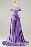 Blue Off the Shoulder A Line Satin Bridesmaid Dress