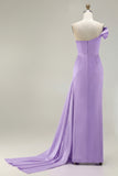 One Shoulder Green Ruched Satin Sheath Long Prom Dress with Slit