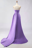 Royal Blue A Line Beaded Strapless Ruched Long Prom Dress with Slit