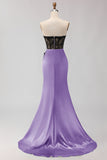 Black Green Mermaid Strapless Lace Ruched Long Prom Dress With Slit