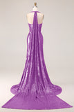 Sparkly Fuchsia Halter Long Prom Dress with Side Cape