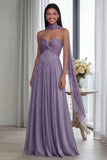 Strapless Sky Blue Ruched A Line Evening Dress