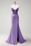 Black Mermaid Beaded Corset Satin Long Prom Dress with Slit