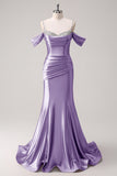 Mermaid Cold Shoulder Sequin Ruched Satin Golden Long Prom Dress