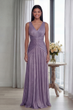 Ruched Dusty Rose A Line V Neck Evening Dress
