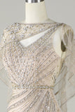 Sparkly Champagne Mermaid Beaded Long Prom Dress with Wrap
