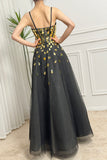 Black Golden A Line Spaghetti Straps Sequins Long Corset Prom Dress With Mirrors