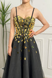 Black Golden A Line Spaghetti Straps Sequins Long Corset Prom Dress With Mirrors