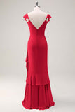 Dusty Sage Sheath V Neck Chiffon Long Bridesmaid Dress with Ruffles