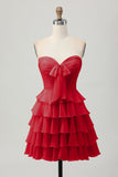 Cute Light Yellow Strapless Tiered A Line Short Prom Dress with Bow