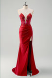 Green Mermaid Strapless Corset Sequin Long Prom Dress with Slit