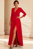 Burgundy A Line V-Neck Long Sleeves Mother of the Bride Dress With Slit