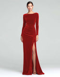 Burgundy Velvet Long Sleeve Holiday Party Dress with Slit