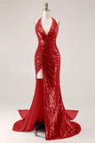 Sparkly Fuchsia Halter Long Prom Dress with Side Cape