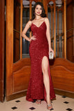 Sparkly Hot Pink Mermaid Spaghetti Straps V-Neck Sequin Long Prom Dress With Split