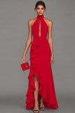 Black Halter Long Evening Dress With Ruffle Slit