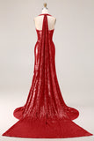Sparkly Fuchsia Halter Long Prom Dress with Side Cape