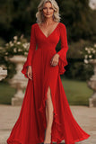 Dark Grey A Line Wrap Long Sleeves Ruffled Chiffon Mother of the Bride Dress