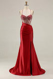 Mermaid Corset Beaded Pink Satin Prom Dress