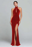 Halter Burgundy Velvet Mermaid Formal Dress with Slit