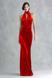 Burgundy Halter Velvet Ruched Holiday Party Dress
