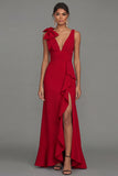 Dark Green Bow Ruffle V-Neck Evening Dress With Slit