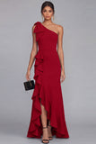 One Shoulder Black Bow Ruffle Evening Dress with Slit