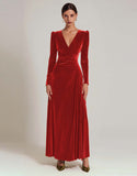 Olive Velvet Long Sleeve A Line Formal Dress