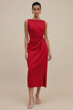 Orange Bateau Neck Sheath Ruched Midi Work Dress With Slit