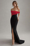 Elegant Off the Shoulder Black and White Evening Dress with Slit