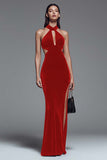 Halter Velvet Dark Green Mermaid Formal Dress with Slit