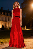 Pink Velvet High Neck Evening Dress with Belt