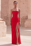 Light Pink Strapless Ruched Sheath Prom Dress with Slit