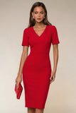 Navy V-Neck Pencil Short Sleeve Knee-Length Work Dress With Back Slit