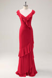 Dusty Sage Sheath V Neck Chiffon Long Bridesmaid Dress with Ruffles