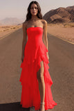 Strapless Ivory A Line Ruffled Long Wedding Dress with Slit