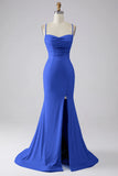 Light Blue Sparkly Mermaid Lace Up Back Long Prom Dress with Slit