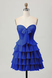 Cute Light Yellow Strapless Tiered A Line Short Prom Dress with Bow