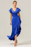 A Line V Neck Asymmetrical Dark Green Bridesmaid Dress with Ruffle Slit