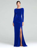 Burgundy Velvet Long Sleeve Holiday Party Dress with Slit