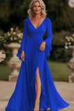 Dark Grey A Line Wrap Long Sleeves Ruffled Chiffon Mother of the Bride Dress