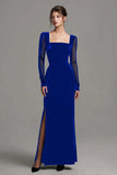 Velvet Black Long Slit Formal Dress with Long Sleeves