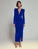 Olive Velvet V Neck Bodycon Midi Formal Dress