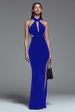Halter Velvet Dark Green Mermaid Formal Dress with Slit