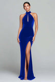 Halter Burgundy Velvet Mermaid Formal Dress with Slit