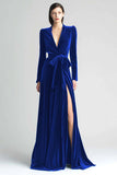 Peacock Blue Velvet Long Sleeve A Line Formal Dress